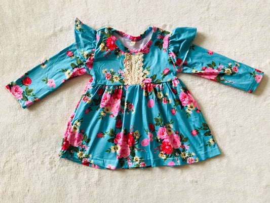 RTS NO MOQ SALES  G2-16-8'.. Red and pink flower blue long-sleeved dress