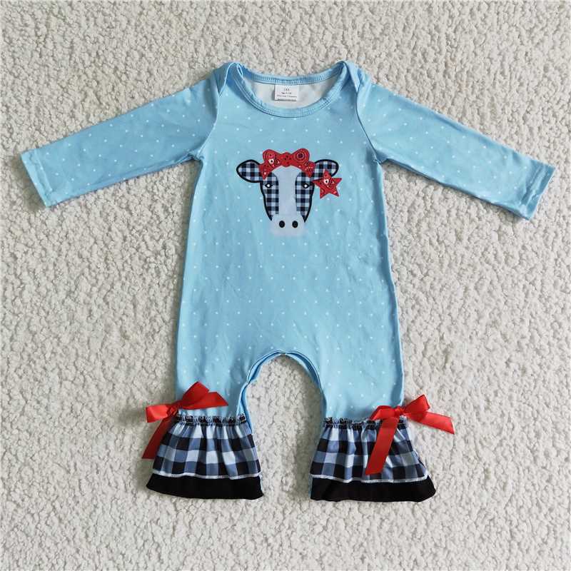 6 A27-2-1 Bowknot plaid bull head blue long-sleeved one-piece