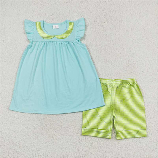 RTS SALES NO MOQ G4-15-6'[ Striped doll collar short-sleeved shorts suit