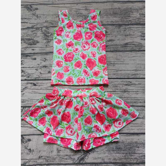 RTS SALES NO MOQ G2-11-4;';; Flower sleeveless top skirt and pants swimsuit set