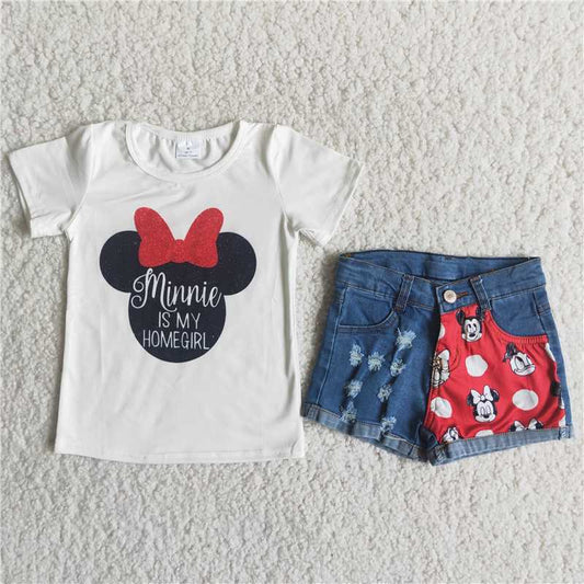 C15-19 Bow knot Mickey head patchwork denim shorts