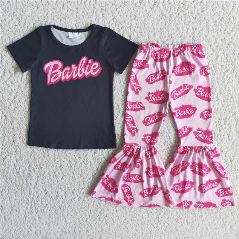 RTS NO MOQ Baby Girl Cartoon Barbie Short Sleeve Top Pants Set