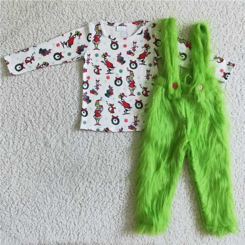 RTS NO MOQ GLP0151 Girls christmas green with fur boys and girls Santa hat long sleeve and long pants suit