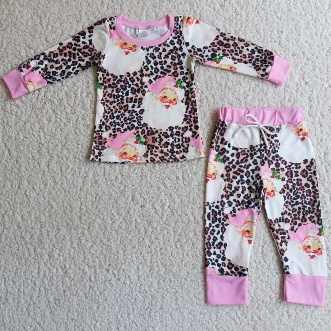 RTS NO MOQ ETA 5/7days arrived 6 A4-26 Santa Claus leopard print long sleeves and long pants pink pajamas set