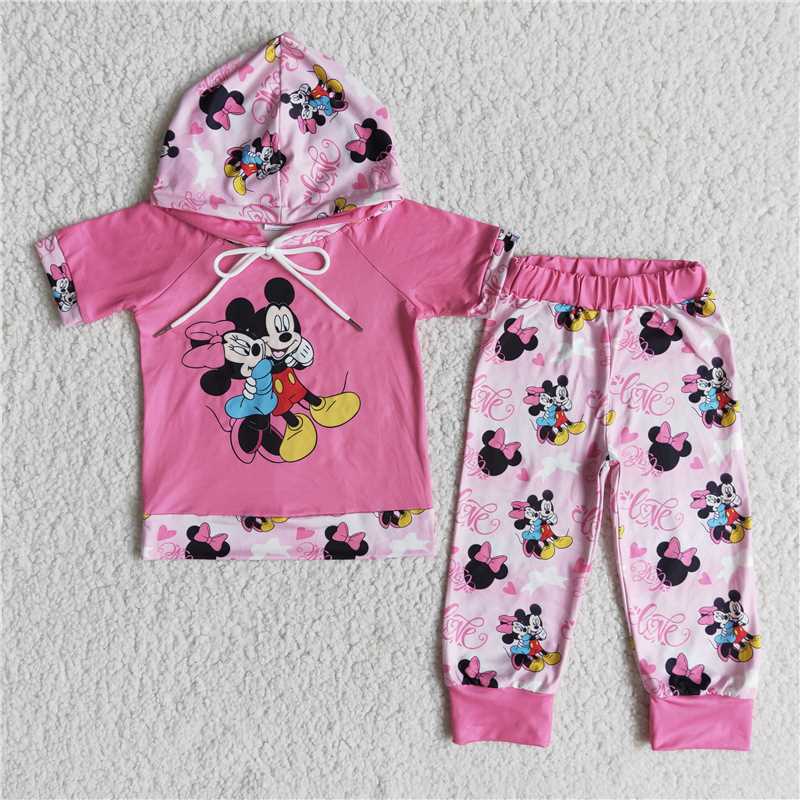 RTS NO MOQ Baby Girl Valentine Hodded Short Sleeve Top Pants Set