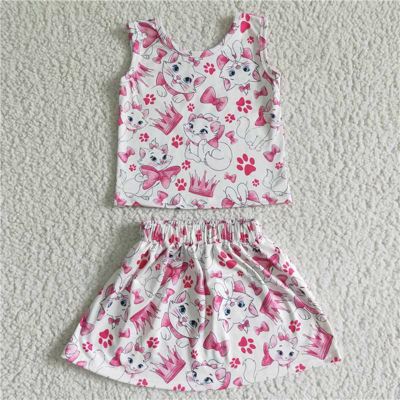 GSD0041 Girl White Cat Butterfly Machine Vest Skirt Set