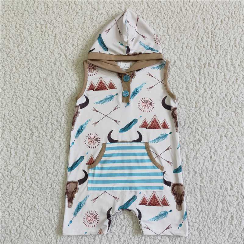 SR0014 Boys Sleeveless Hooded Bull Head Button Feather Onesie