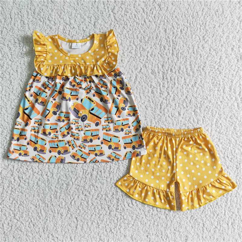 GSSO0075 Girls Car Lace Short Sleeve Yellow Polka Dot Shorts Set