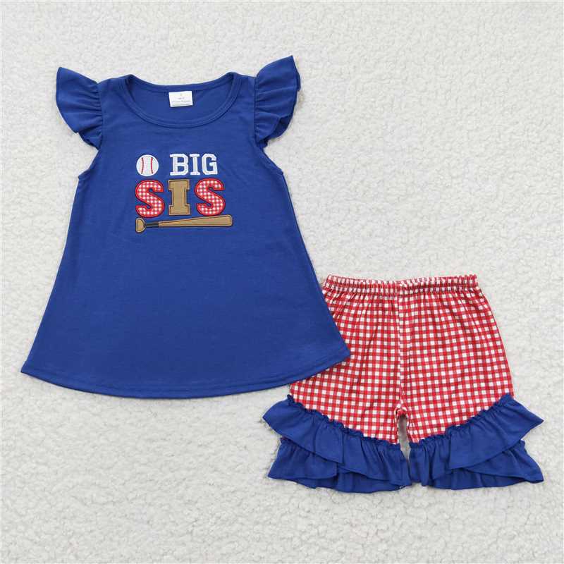 RTSEmbroidery Girls Embroidered SIS Playing Baseball Navy Blue Flying Sleeve Shorts Set