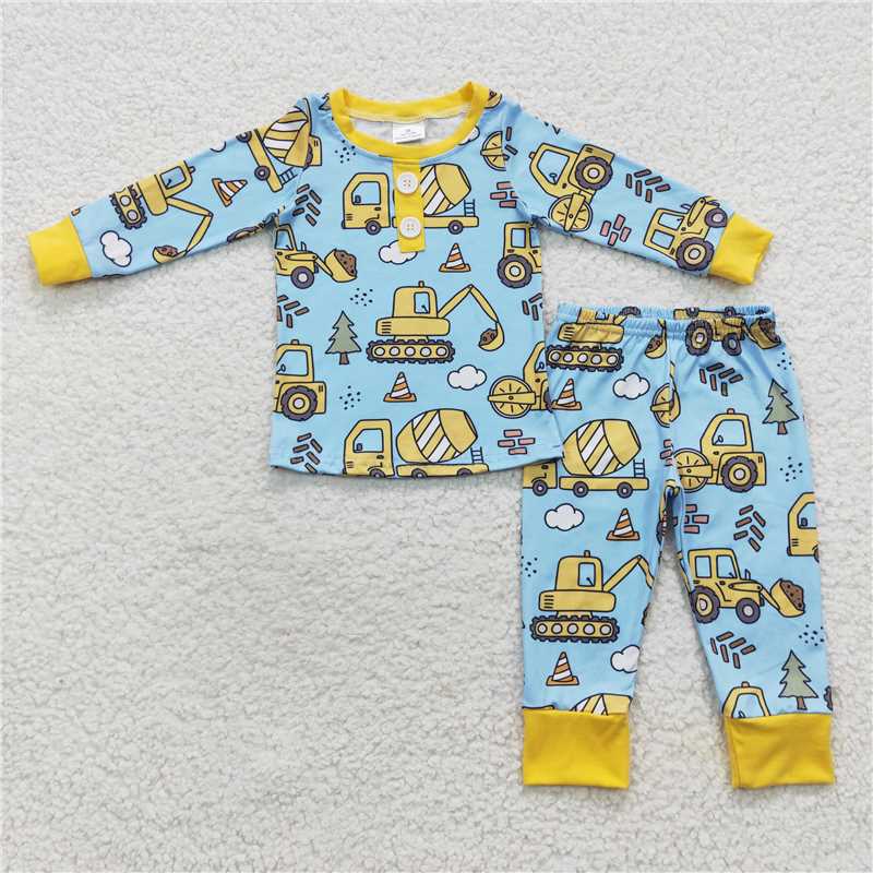 RTS NO MOQ Baby Boys Construction Truck Print Long Sleeve Trousers Set