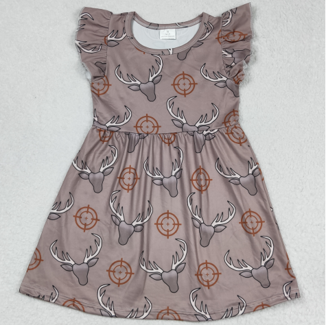 Deer head circle khaki flying sleeve dress 鹿头圆圈卡其色飞袖裙