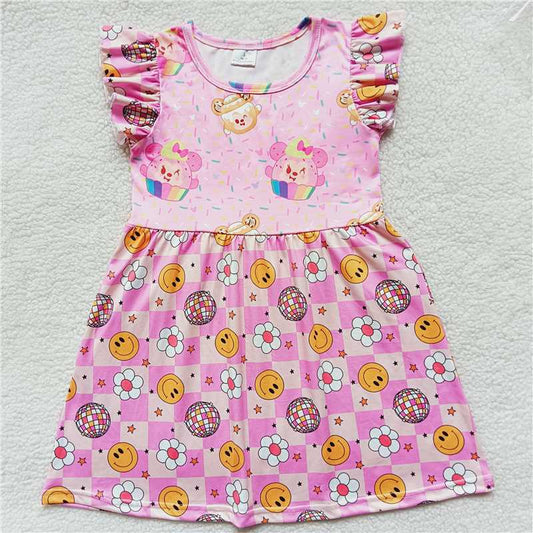 Smiley flower plaid pink flying sleeve dress 笑脸花朵格子粉色飞袖裙