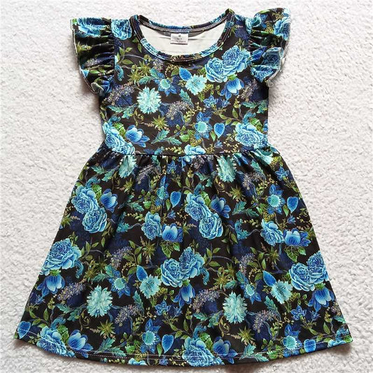 Blue flower black flying sleeve dress 蓝色花朵黑色飞袖裙