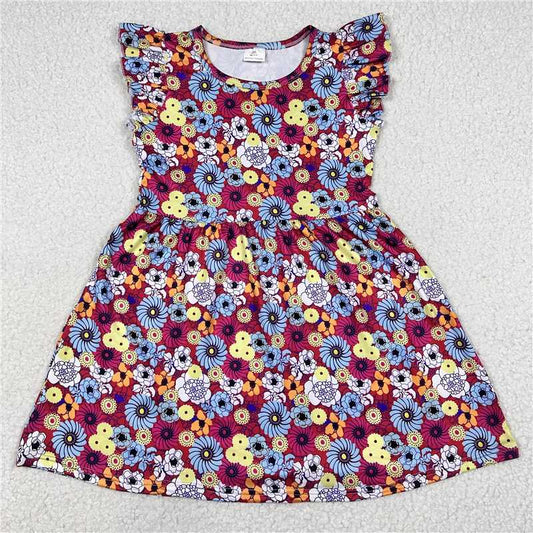 Colorful flower rose red flying sleeve dress 彩色花朵玫红色飞袖裙