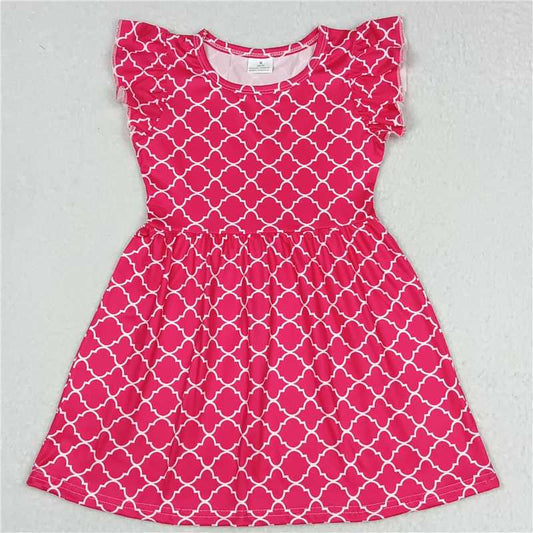 White pattern plaid rose red Flying sleeve dress 白色花纹格子玫红色飞袖裙