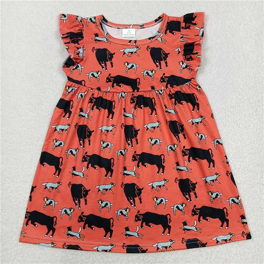 Black Bull Dog Orange Red Flying Sleeve Dress 黑牛狗橘红色飞袖裙