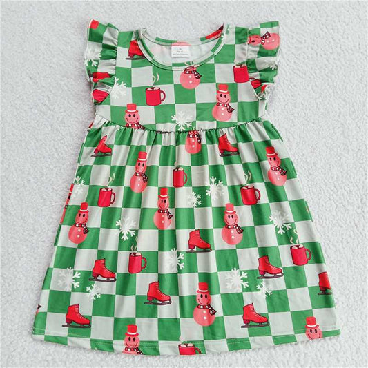 Red snowman gray green plaid flying sleeve dress 红色雪人灰绿格子飞袖裙