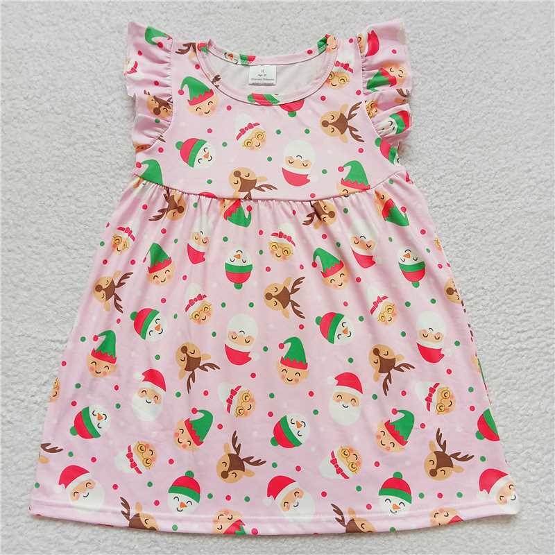 Elk head red, green and white polka dot light pink flying sleeve dress 麋鹿头红绿白圆点浅粉色飞袖裙