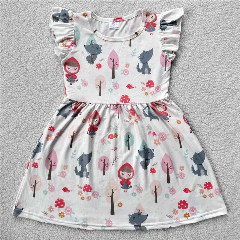 RTS SALES NO MOQ G3-5-4'; Girl Squirrel Tree White Flying Sleeve Dress 女孩松鼠树白色飞袖裙