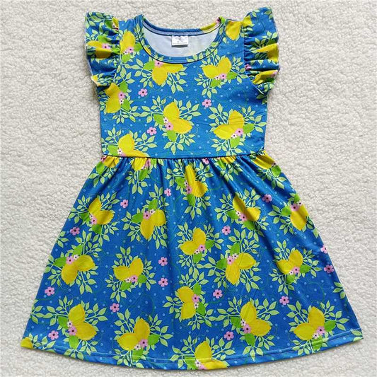 G3-1-1/ Fruit, flower, green leaves, blue flying sleeves dress
