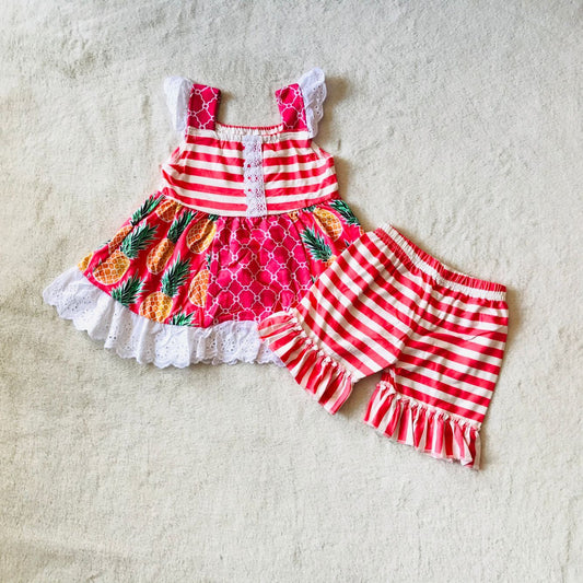 RTS SALES NO MOQ G4-7-1 Peach color striped lace sleeveless shorts set