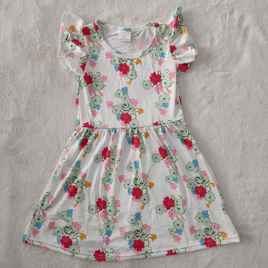 RTS SALES NO MOQG2-7-8*' Red, blue and green floral flying sleeves dress