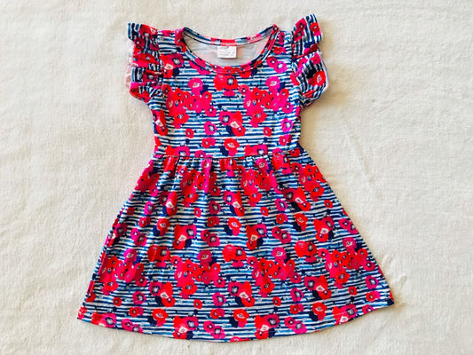 RTS SALES NO MOQ G2-19-9'] Blue striped red flower flying sleeve dress