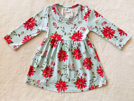 RTS NO MOQ SALES  G3-8-1*./ Red flower and green leaf long-sleeved dress