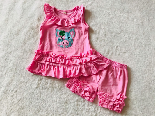 RTS SALES NO MOQ G3-14/ Flower Pig Sleeveless Shorts Set