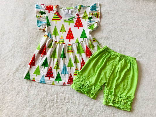 RTS SALES NO MOQ G3-14- Red△Tree flying sleeves green lace shorts