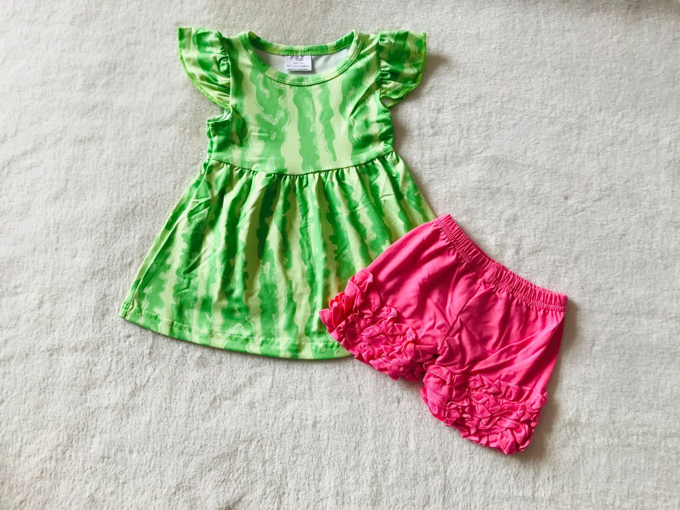 RTS SALES NO MOQ G3-7-4【】 Watermelon striped flying sleeves rose red lace shorts