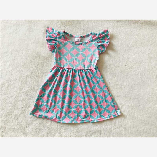 RTS SALES NO MOQ G3-15-4. Blue leaf pink flying sleeve dress