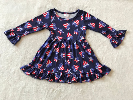 RTS NO MOQ SALES  G2-20- Dark blue long-sleeved dress with red and white stripes and five-pointed stars