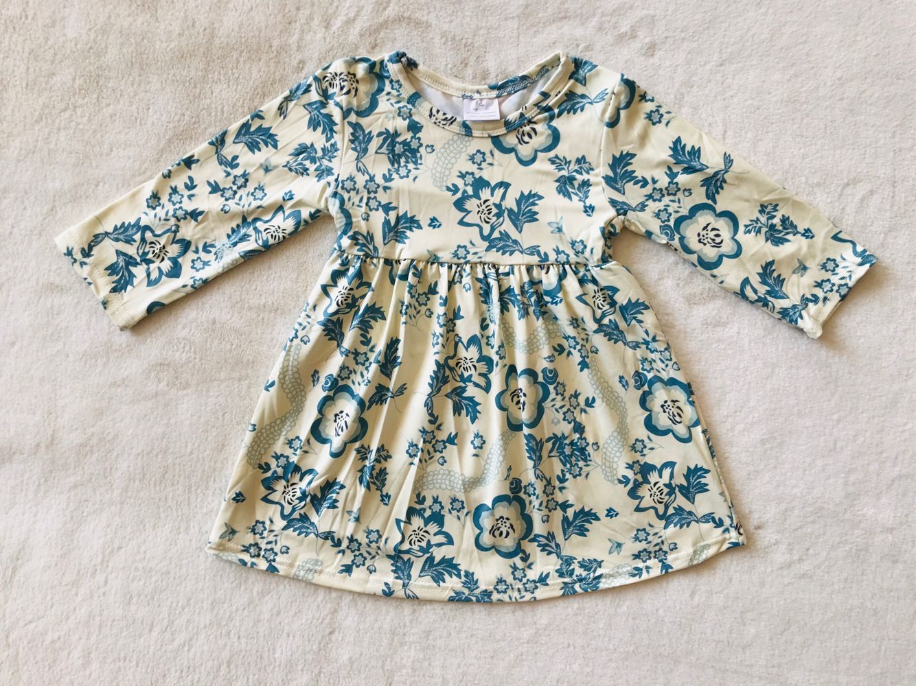 RTS NO MOQ SALES  G4-2【】 Ink navy blue flower beige long-sleeved dress