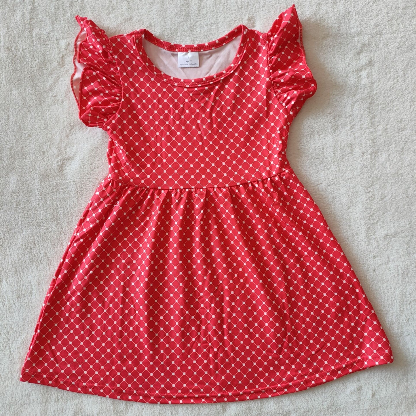 RTS SALES NO MOQ G3-19.* White lines, polka dots, square red flying sleeves dress