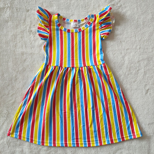 RTS SALES NO MOQ G3-15-6***. Red, yellow and blue vertical striped flying sleeves dress