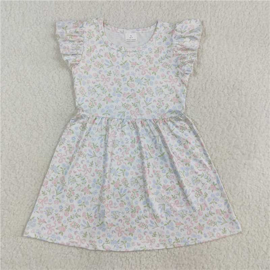 RTS SALES NO MOQ G6-19-7;. / White flying sleeves dress with blue and pink flower bow