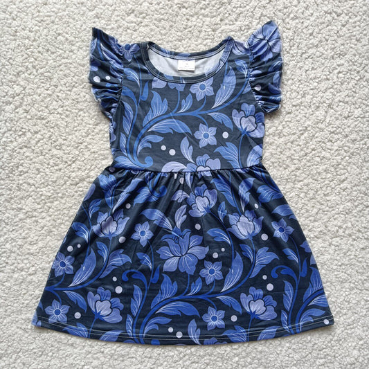 RTS SALES NO MOQ G4-3-8;. Blue flower black flying sleeves dress