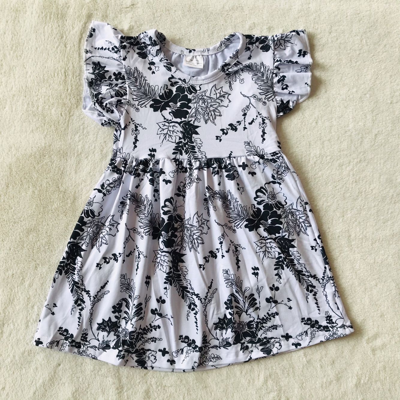 RTS SALES NO MOQ G4-3-8;;. Ink black flower white flying sleeves dress