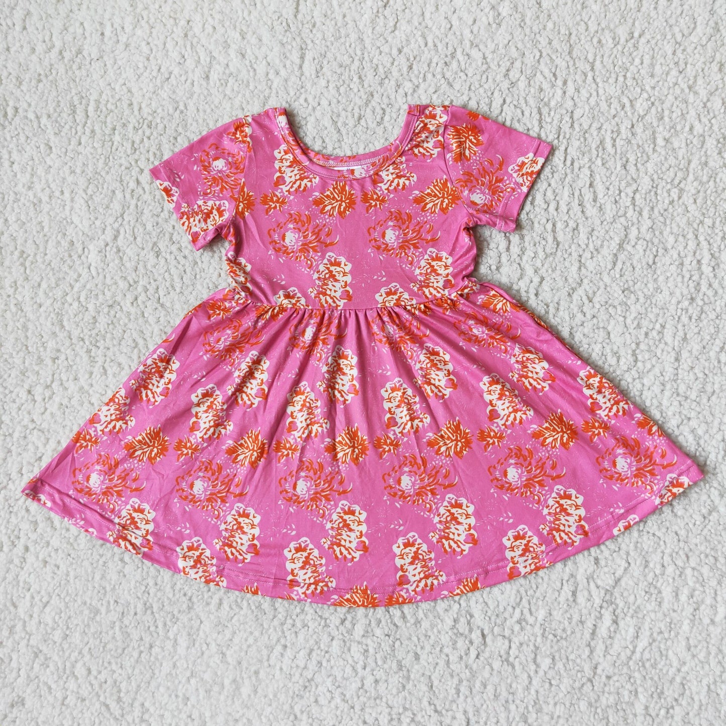 RTS SALES NO MOQ G4-3-7*. Orange flower pattern rose pink short-sleeved dress