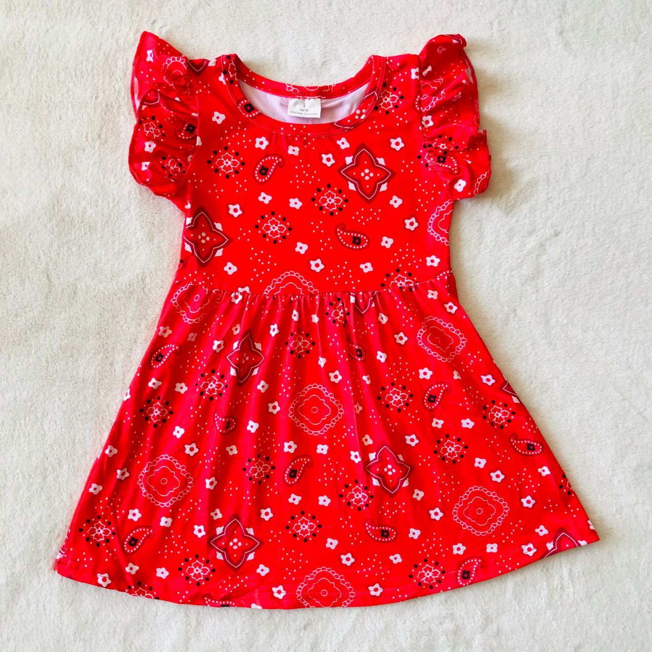 RTS SALES NO MOQ G3-7-/4 White flower, black polka dots, bright red flying sleeves dress