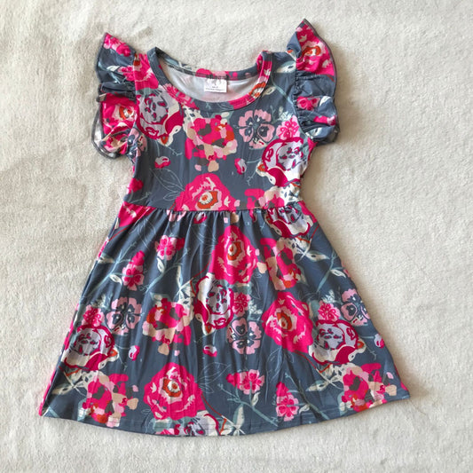 RTS SALES NO MOQ G4-7-*7 Rose red dyed flower dark grey flying sleeves dress