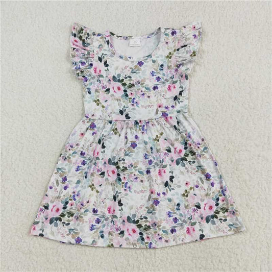 RTS SALES NO MOQ G6-19-7*; Pink and purple flower green leaf white flying sleeve dress