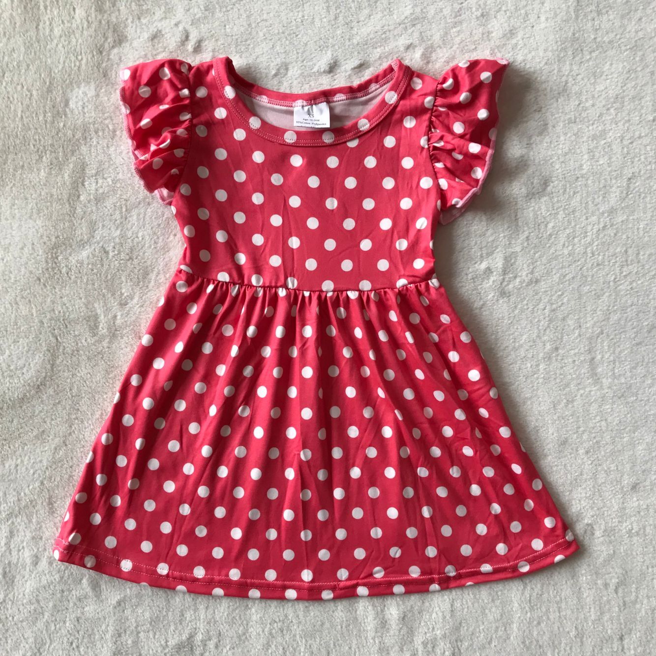 RTS SALES NO MOQ G4-11/. White polka dot coral red flying sleeve dress