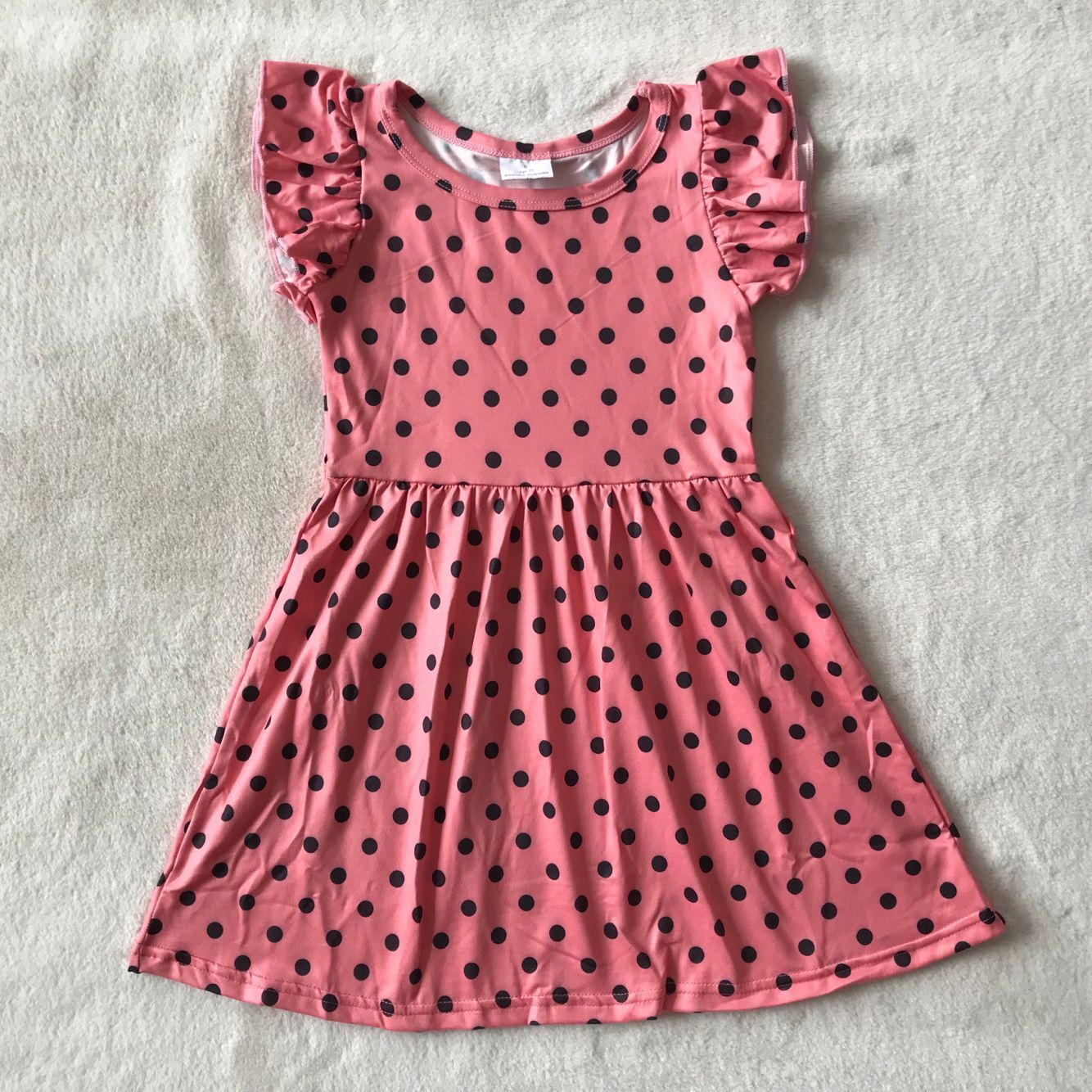 RTS SALES NO MOQ G4-7-9/ Black polka dot dark pink flying sleeve dress