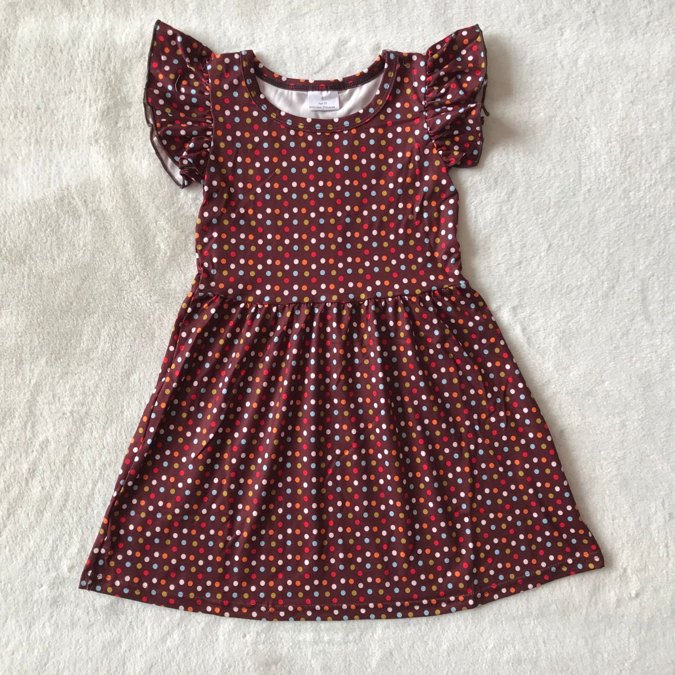 RTS SALES NO MOQ G4-7-9; Colorful polka dot dark brown flying sleeve dress