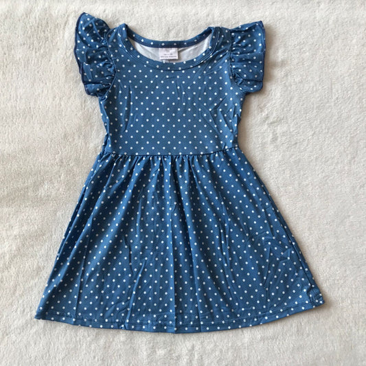 RTS SALES NO MOQ G4-7-9 White dots blue-green flying sleeves dress