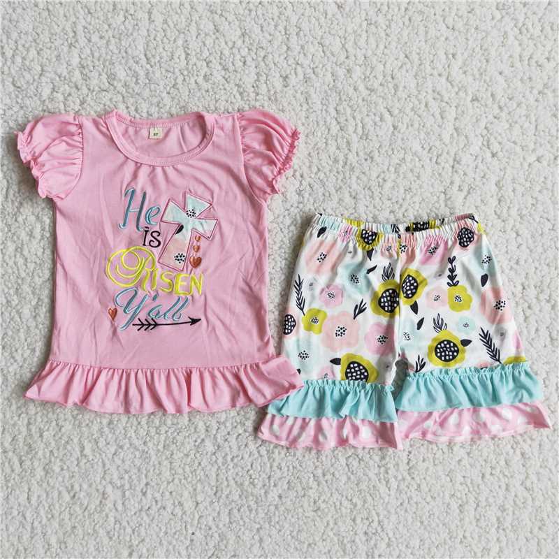 RTS SALES NO MOQ G5-6*/ Embroidered Easter pink puff sleeve flower shorts