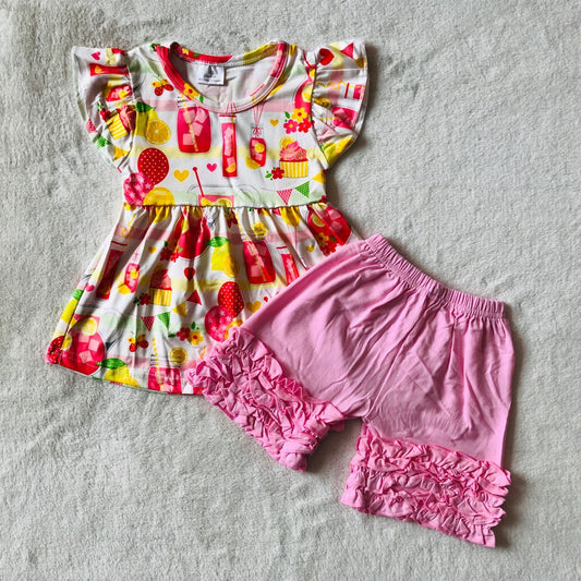 RTS SALES NO MOQ G3-22;. Lemon small flower flying sleeve pink shorts