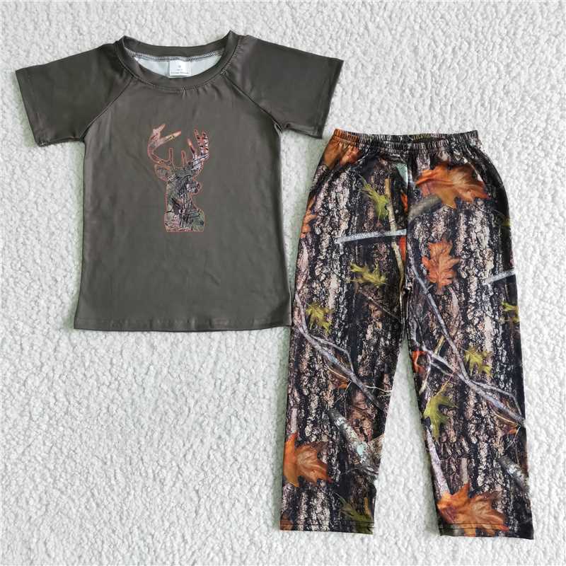 RTS NO MOQ Army Green Camouflage Elk Pattern Leaf Long & Short Sleeve Set